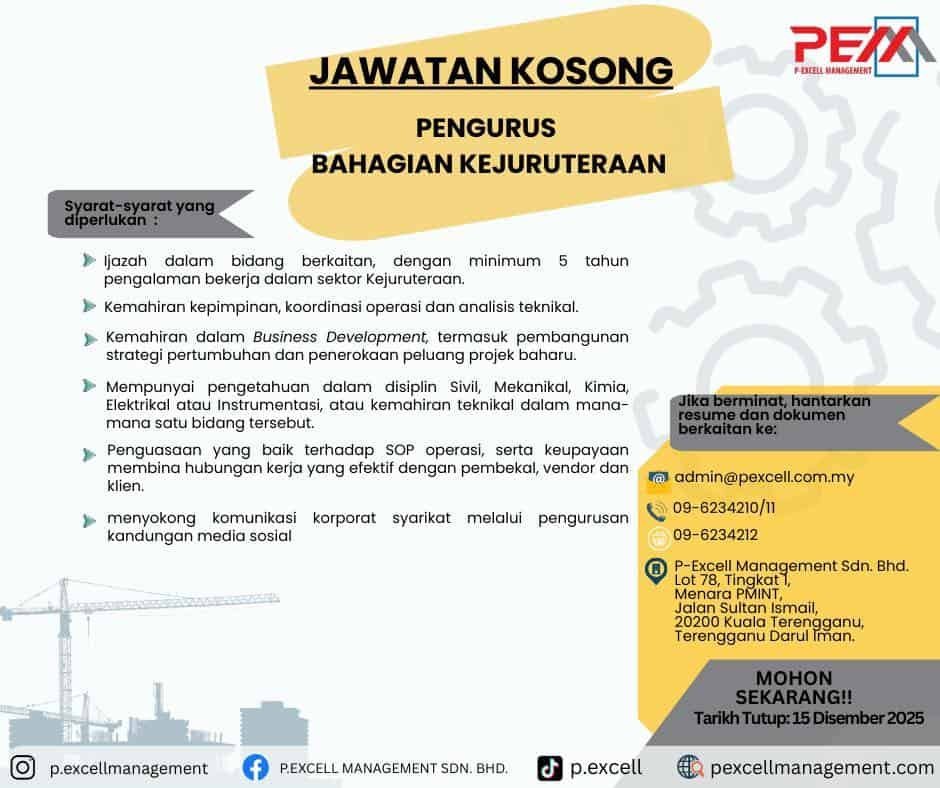 Jawatan Kosong – Pengurus Bahagian Kejuruteraan